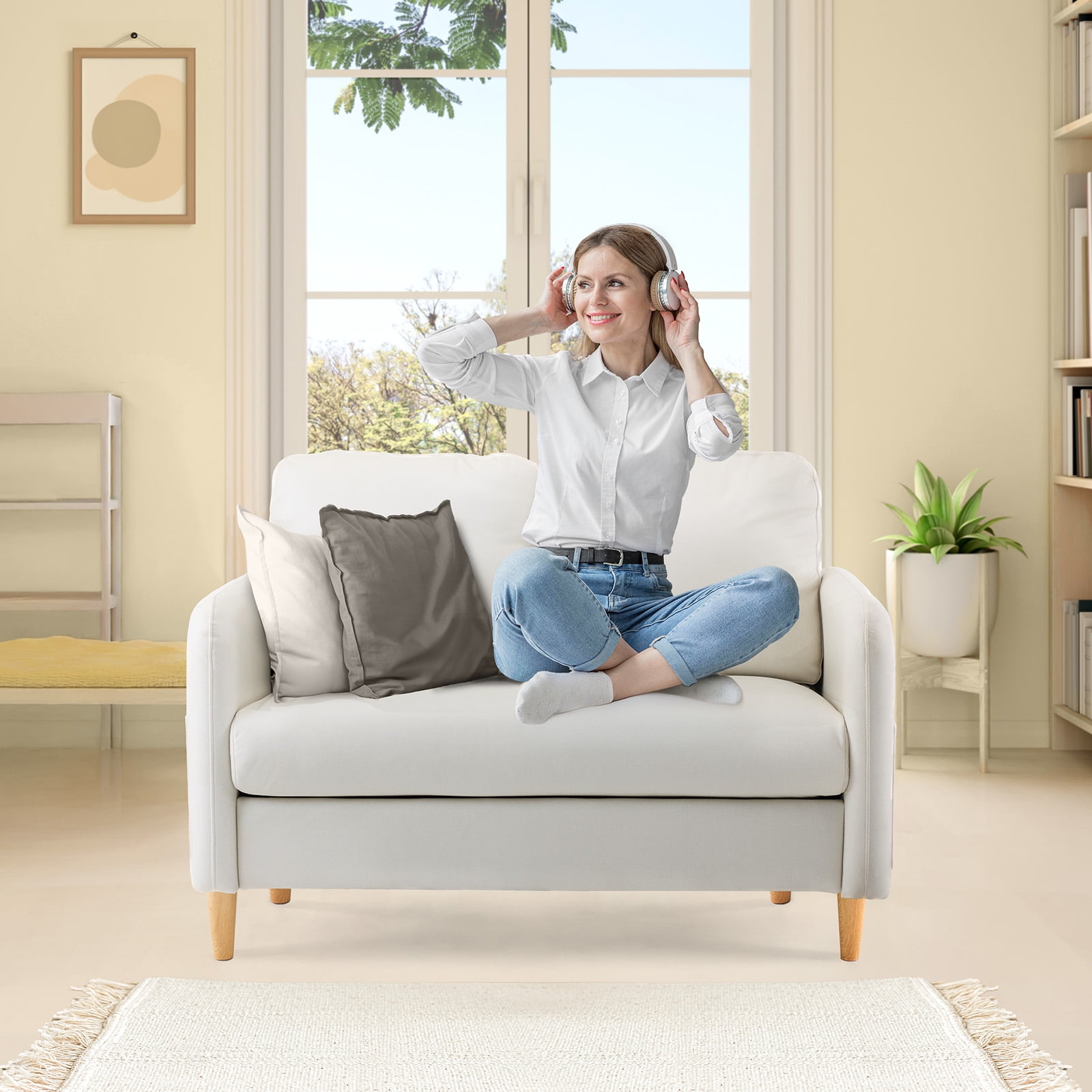 Ktaxon Loveseat Sofa with Side Bags 47" 2-Seat Small Couch with Wood Legs for Living Room Bed Room Beige Faux Leather