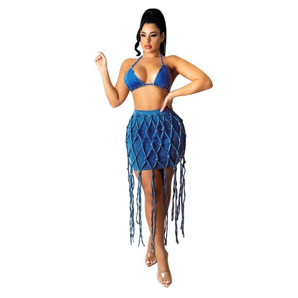 Faldas vaqueras con agujeros para mujer, faldas tejidas de malla con retazos, sexys, a la moda, para club nocturno y playa, 2023