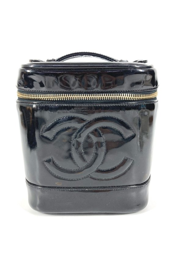 Pre-Owned CHANEL A01998 CC Coco Mark Logo Vanity Bag, Vertical Handbag, Enamel, Women's, Black