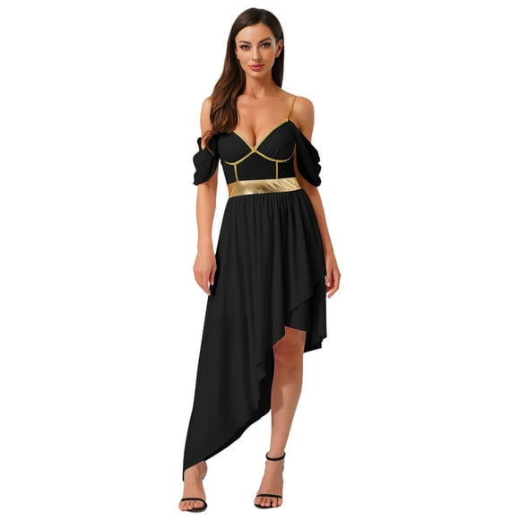 RUNQHUI Womens Ancient Greek Roman Costumes Off Shoulder Asymmetrical Sling Dress For Halloween Black XXL