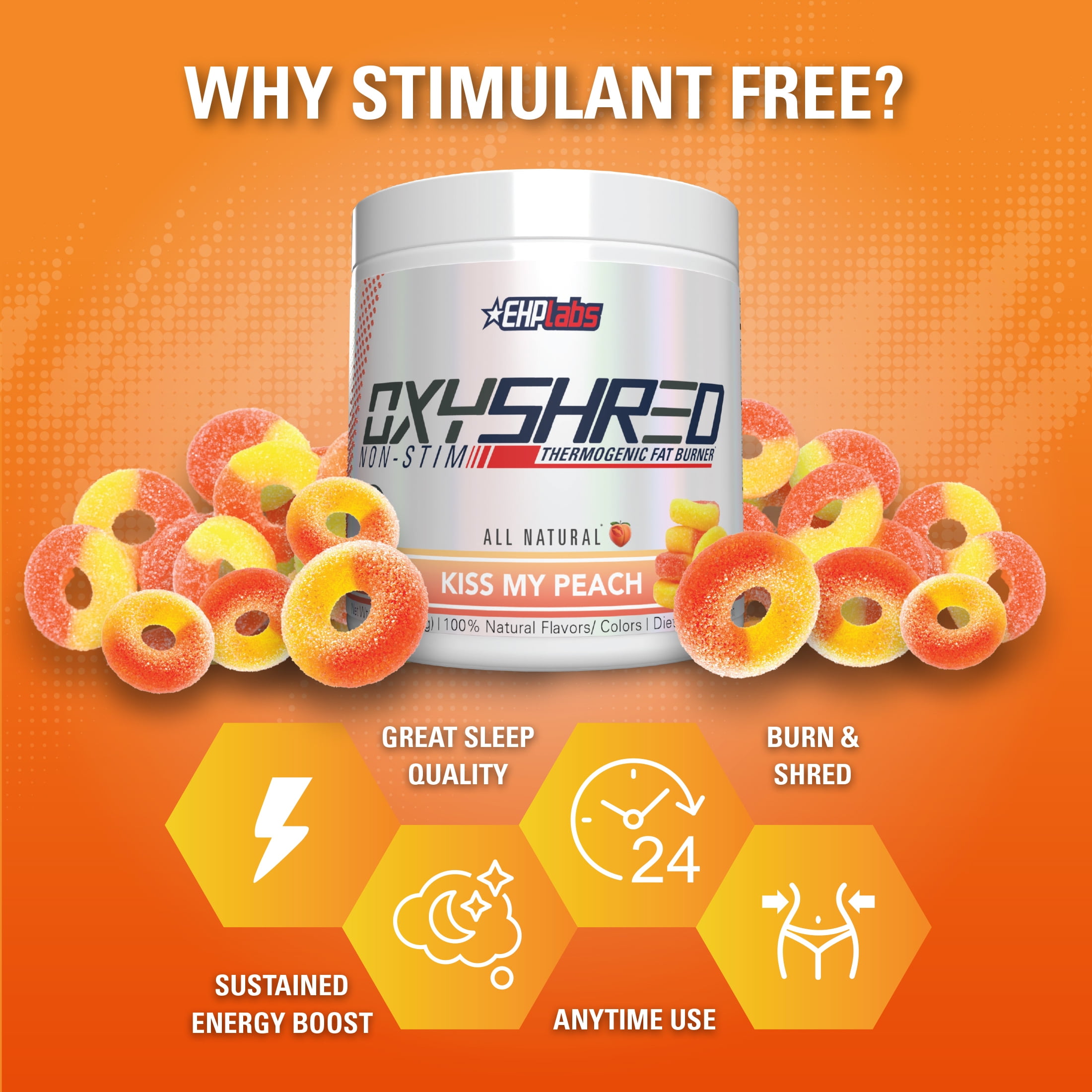 EHP LABS OxyShred Non Stimulant , Caffeine Free Pre-Workout Supplement for Men & Women with L Glutamine & Acetyl L Carnitine - Peach, 33 Servings