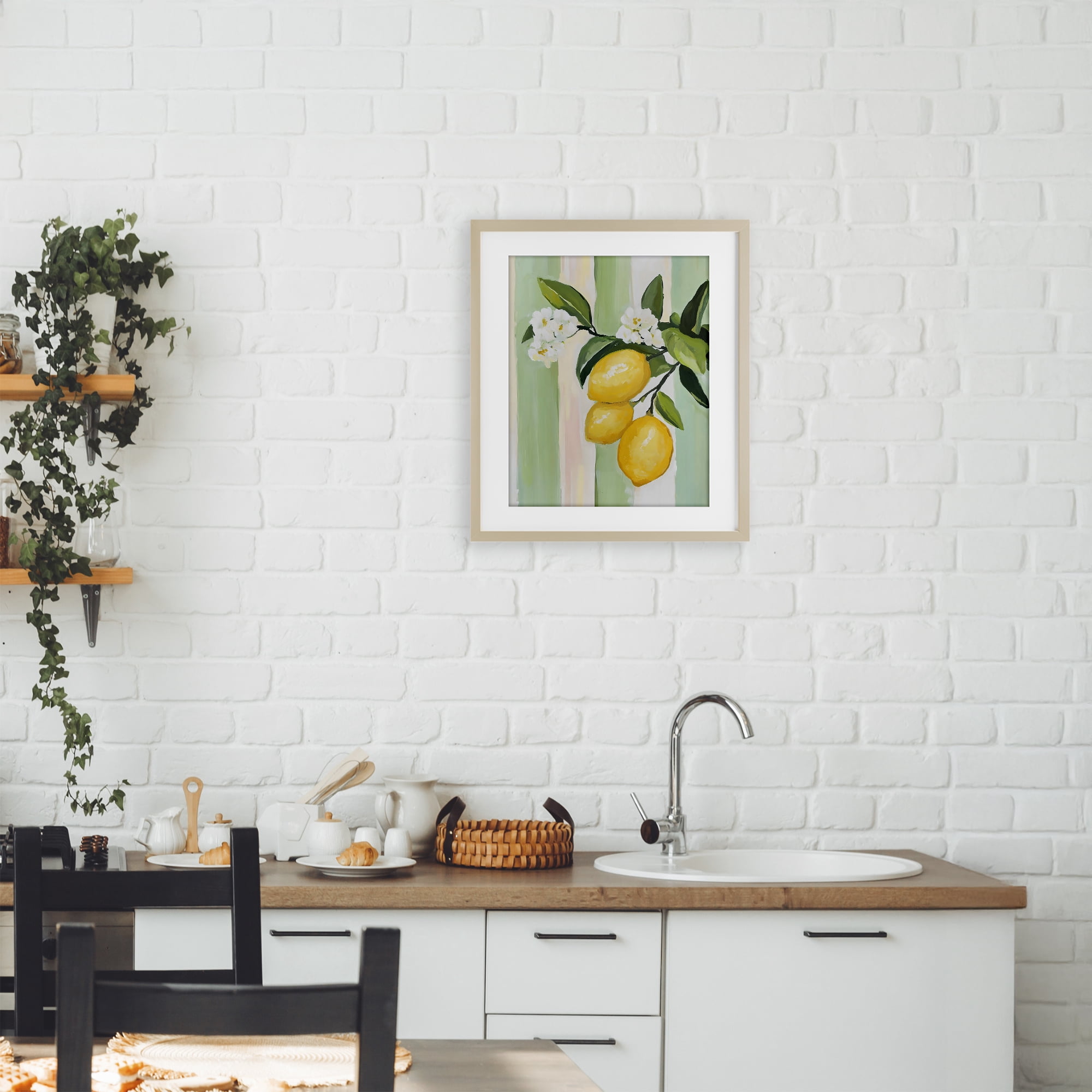 Stupell Industries Lemons & Flowers on Stripes Birch Framed Print Under Glass, design by The Prints Vibe