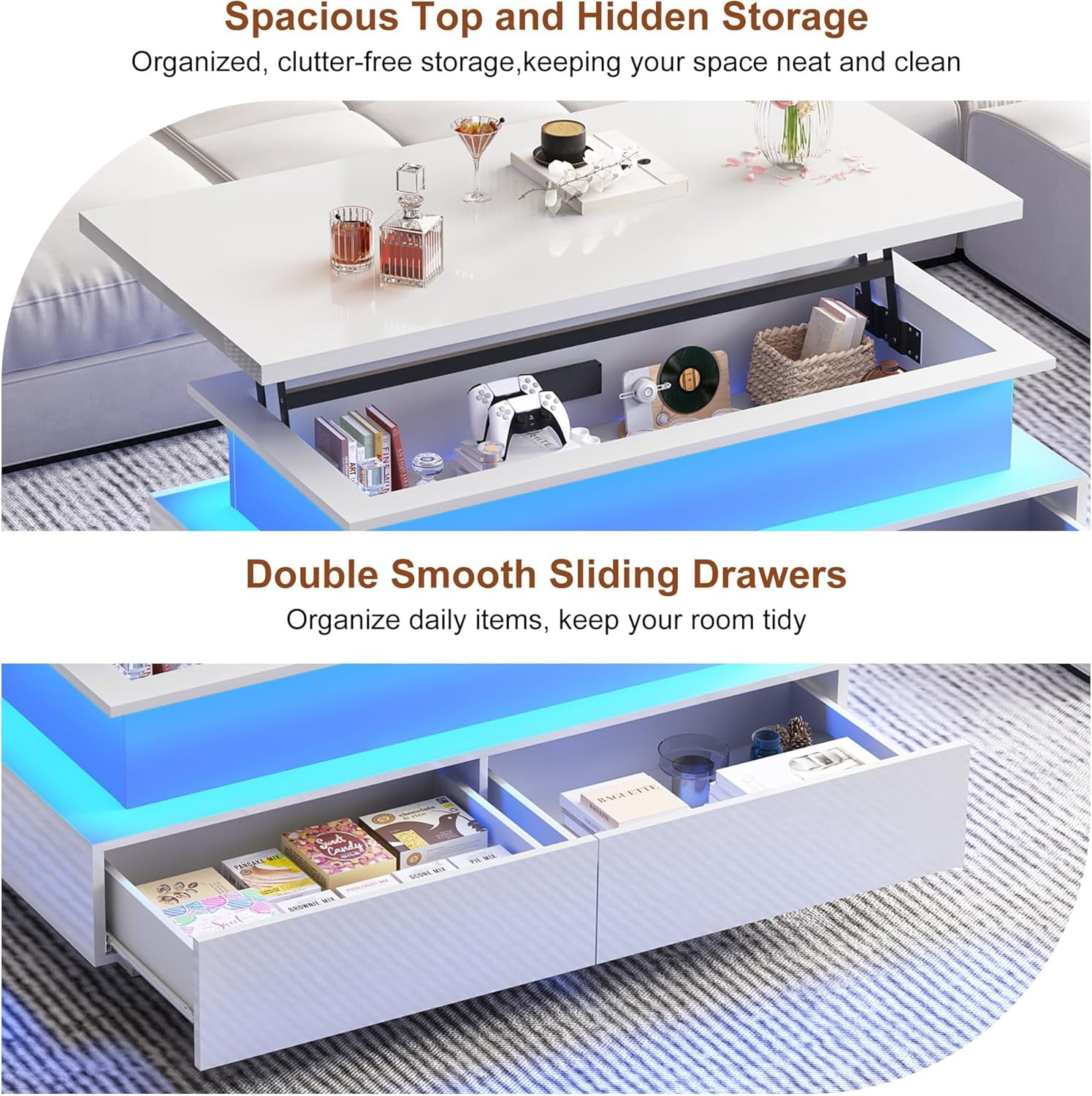 Blotout LED Lift Top Coffee Table with 2 Storage Drawer, 43.3" Modern High Glossy Coffee Tables with Led Lights and Open Display Shelf, 2-Tier Rectangle Center Table for Living Room,White