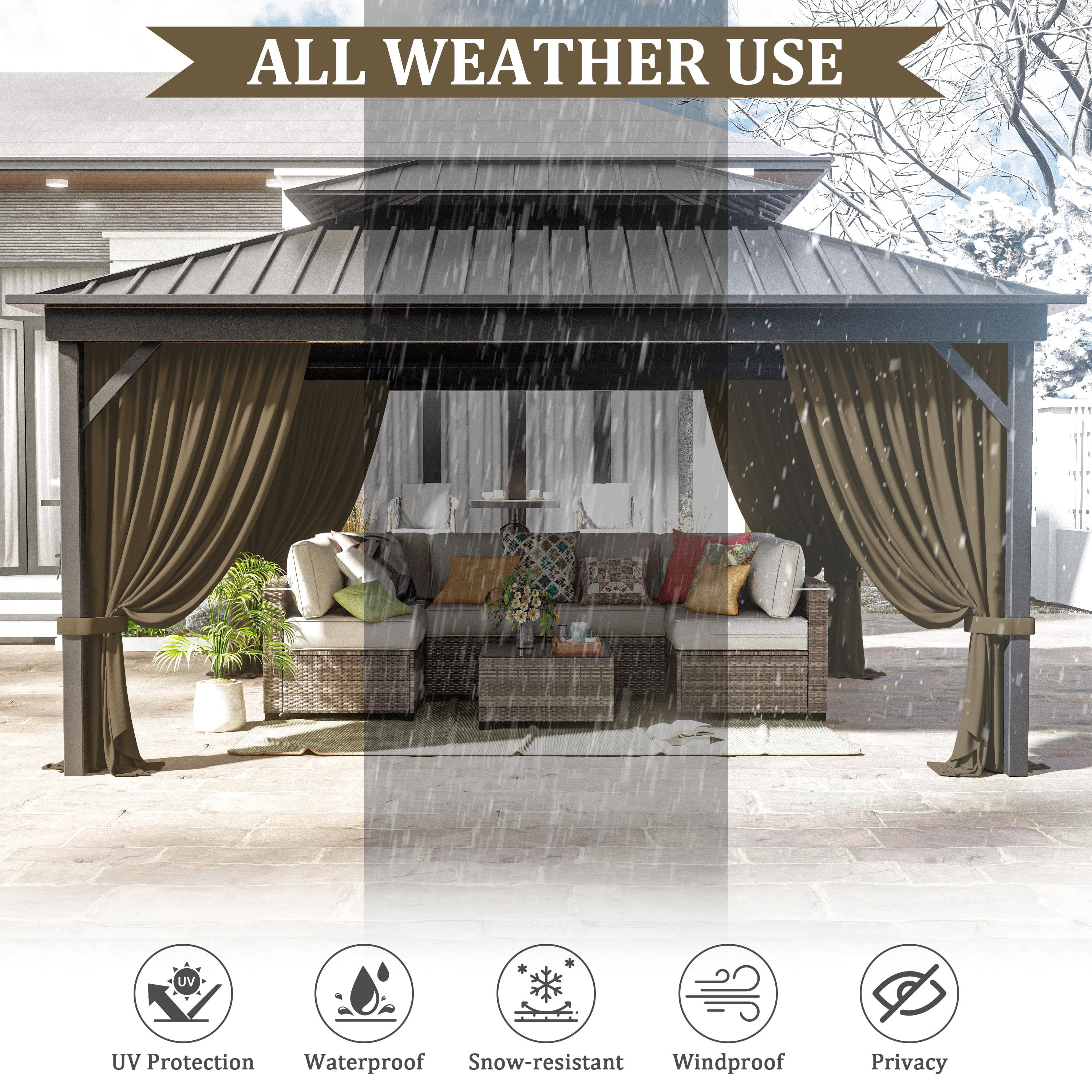 Pakunoda 11' X 6.5' Gazebo Universal Replacement Privacy 4-Panel Curtains, Waterproof Outdoor Curtains Sand Sidewall with Zipper for Patio Garden Backyard 10' X 12' Gazebo, Curtain Only