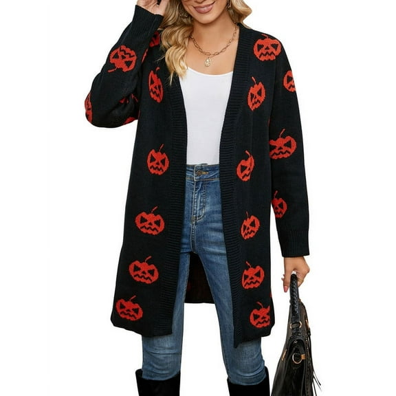 Halloween Day Cardigan Sweaters for Women V-Neck Open Front Cardigan Pumpkin Face Printed Mid-Length Cardigans