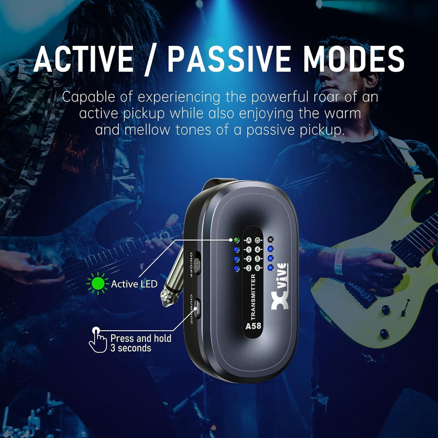 Xvive A58 Wireless Guitar System 5.8GHz Wireless Guitar Transmitter Receiver for Active or Passive Pickup Electric/Acoustic Bass Guitar