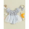 thumbnail image 4 of Biezeib Baby Girls Rompers Dress Flower Print Short Sleeve Mesh Tulle Skirt Hem Infant Bodysuits Summer Clothes with Headband, 4 of 9
