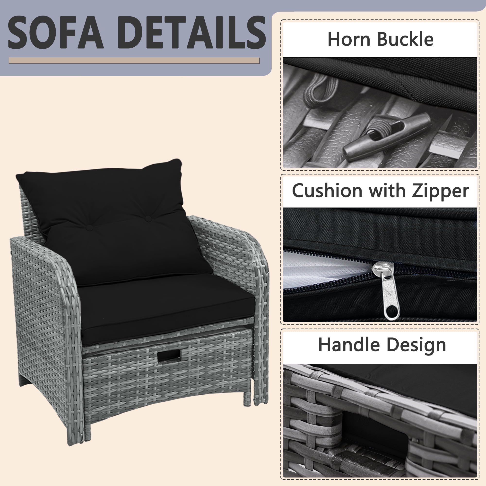 5 Piece Rattan Outdoor Patio Furniture Set, 5 Pieces Wicker Outdoor Patio Chairs Set with Ottoman, Black