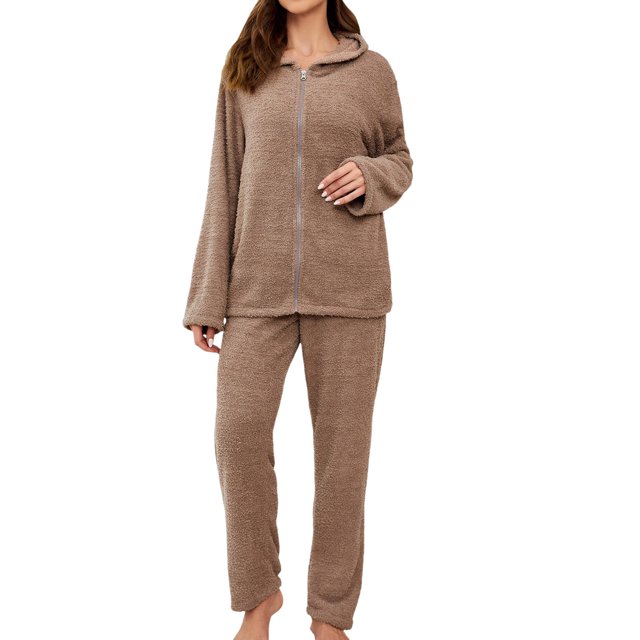 Gibobby Pijama mujer navidad Conjunto de pijamas y pijamas para mujer, pantalones de manga larga con capucha de Color sólido, pijamas cálidos de otoño e invierno(Marrón,M)