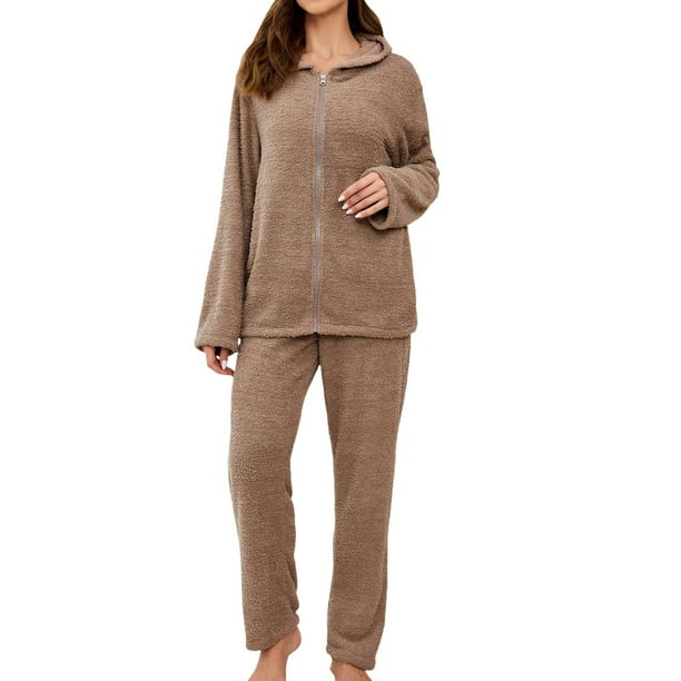 Gibobby conjuntos de pijama de calidad Conjunto de pijamas y pijamas para mujer, pantalones de manga larga con capucha de Color sólido, ropa para el , pijamas cálidos de otoño e invierno (Marrón, XL)