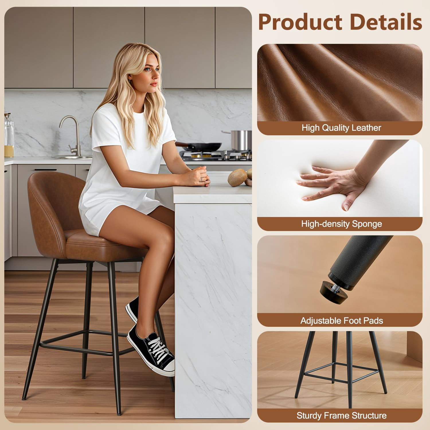 JULY'S SONG Counter Height Bar Stools with Back Sets of 2, 360°Swivel Upholstered Barstools with Metal Legs, 27" Seat Height Bar Stool for Kitchen Island, Faux Leather in Brown