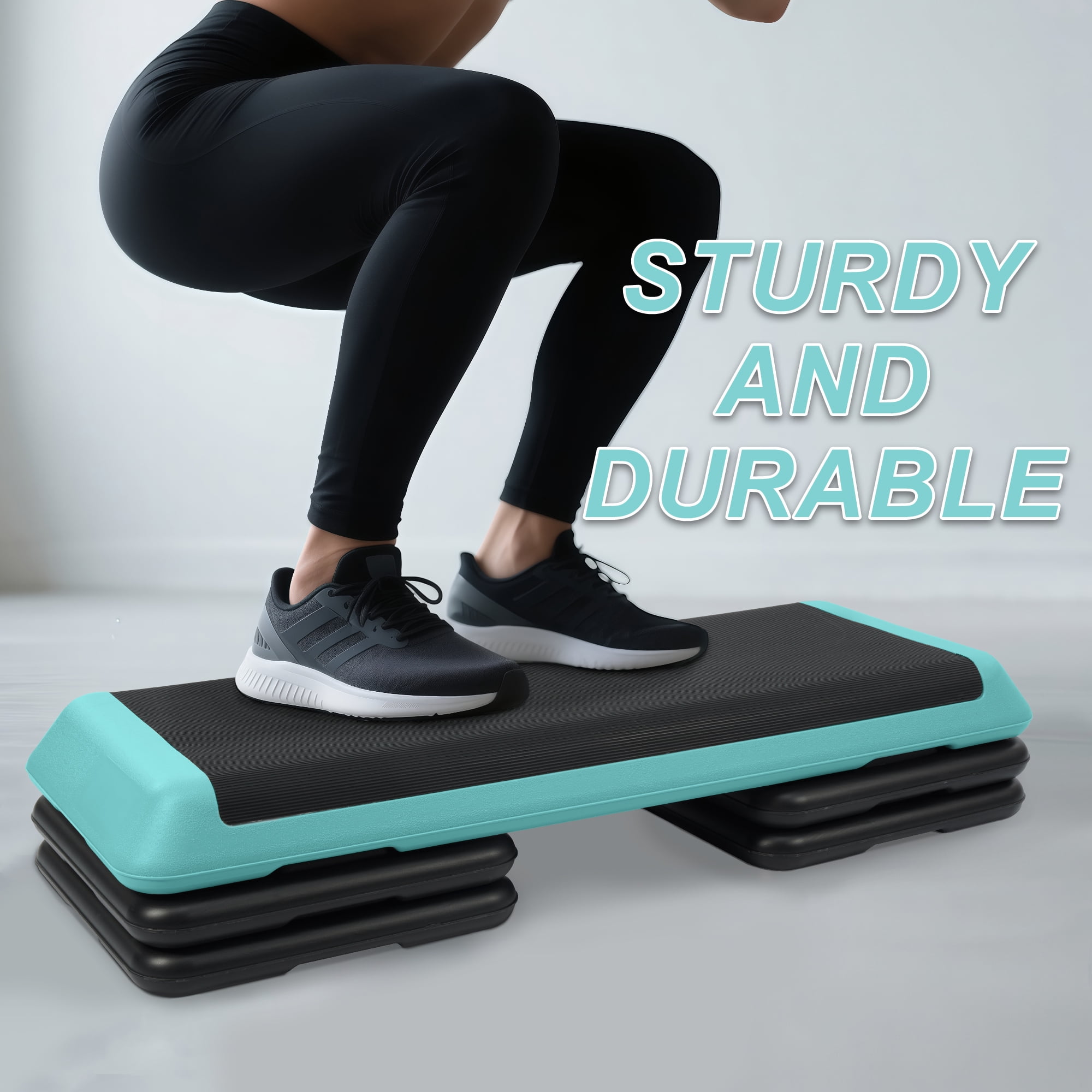 FlexWave 43-inch Aerobic Step Platform, Adjustable Fitness Stepper with 4 Adjustable Step Risers, Aerobics Stepper Workout Stepper for Aerobic Strength and Training in Home Gym, Blue