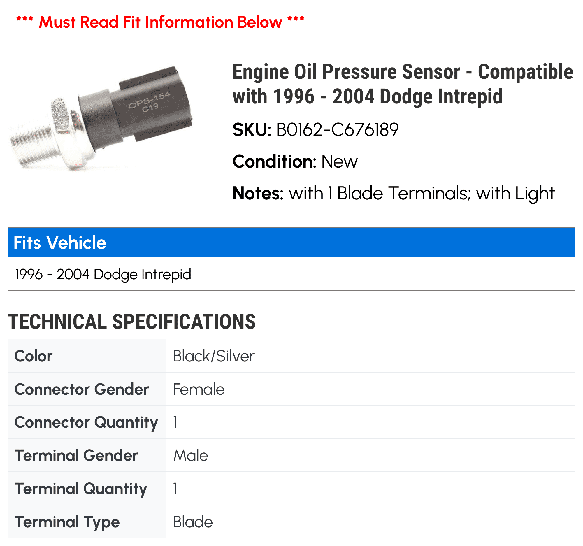 Engine Oil Pressure Sensor - Compatible with 1996 - 2004 Dodge Intrepid 1997 1998 1999 2000 2001 2002 2003