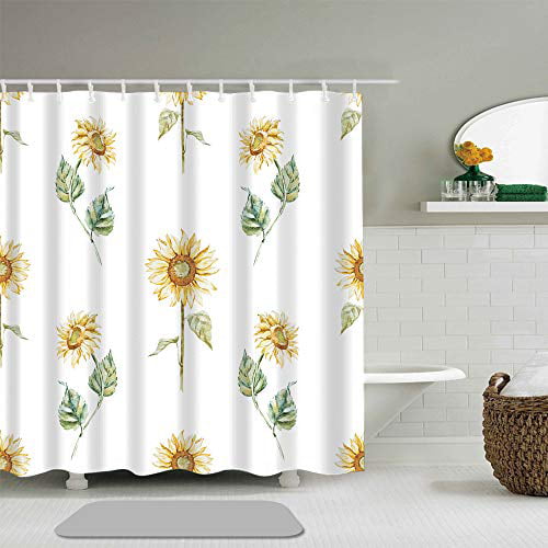 Yellow Umbrella 100% Polyester Fabric Shower Curtain Liner Bathroom Set Hooks 