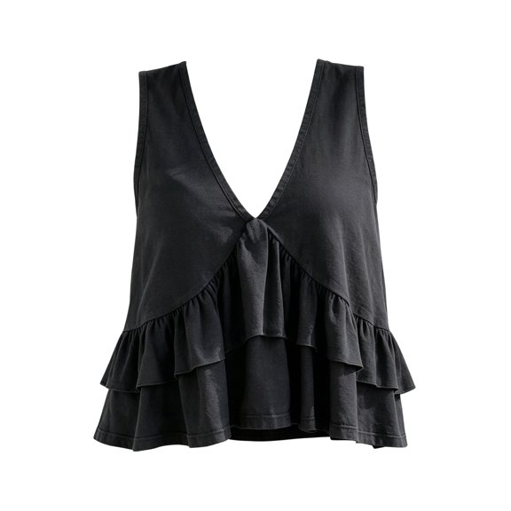 Pumxq Women's Tiered Ruffle Hem Tank Tops Summer Deep V Neck Sleeveless Peplum Tops Casual Solid Loose Fit Blouses Black L