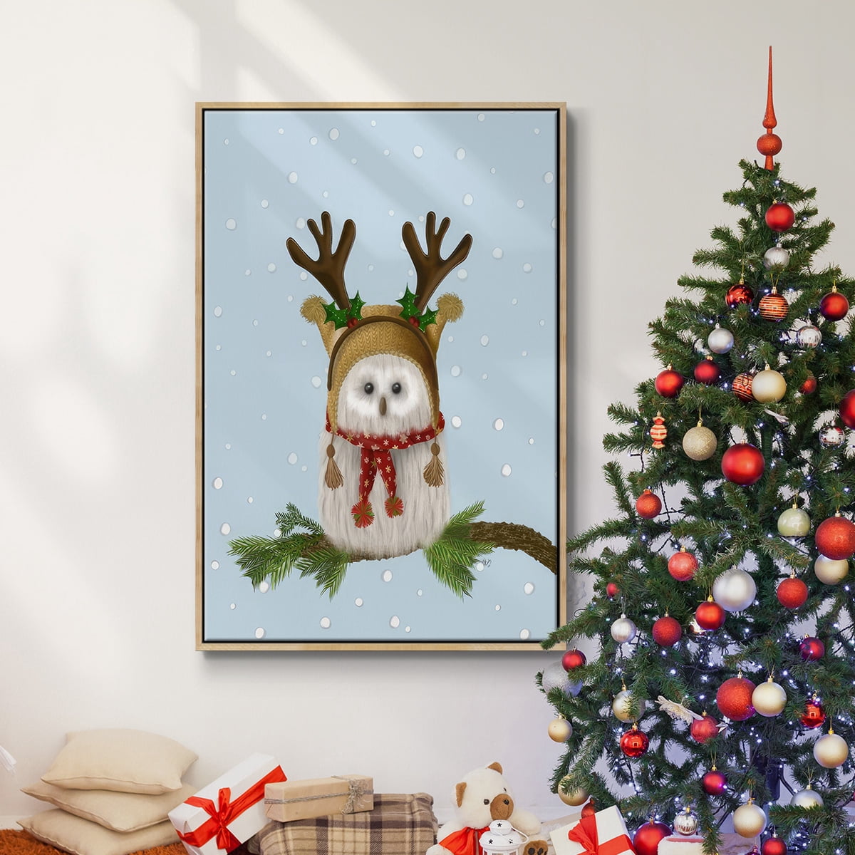 Christmas Fluffy Owl and Antlers - Framed Gallery Wrapped Holiday Canvas - 27 x 41 - Natural Wood Frame