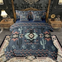 Homewish Steel Blue Aztec Bedding Comforter Set 7pcs for Men, Western Cactus Plant Queen Bedding Sets, Bohemian Abstract Reversible Queen Sheet Sets, Microfiber Bedroom Decor