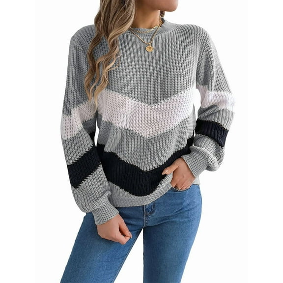 Womens Sweater Pullover Casual Long Sleeve Crewneck Color Block Pullover Knit Sweater for Women Grey L