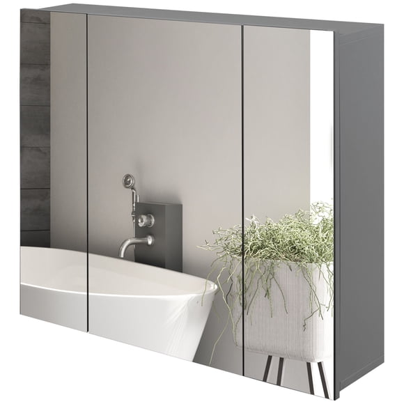 Grey Wall Mounted Medicine Cabinet with Mirror - 28" x 24" Bathroom Storage Cabinet with Adjustable Shelves for Vanity & Washroom Organization