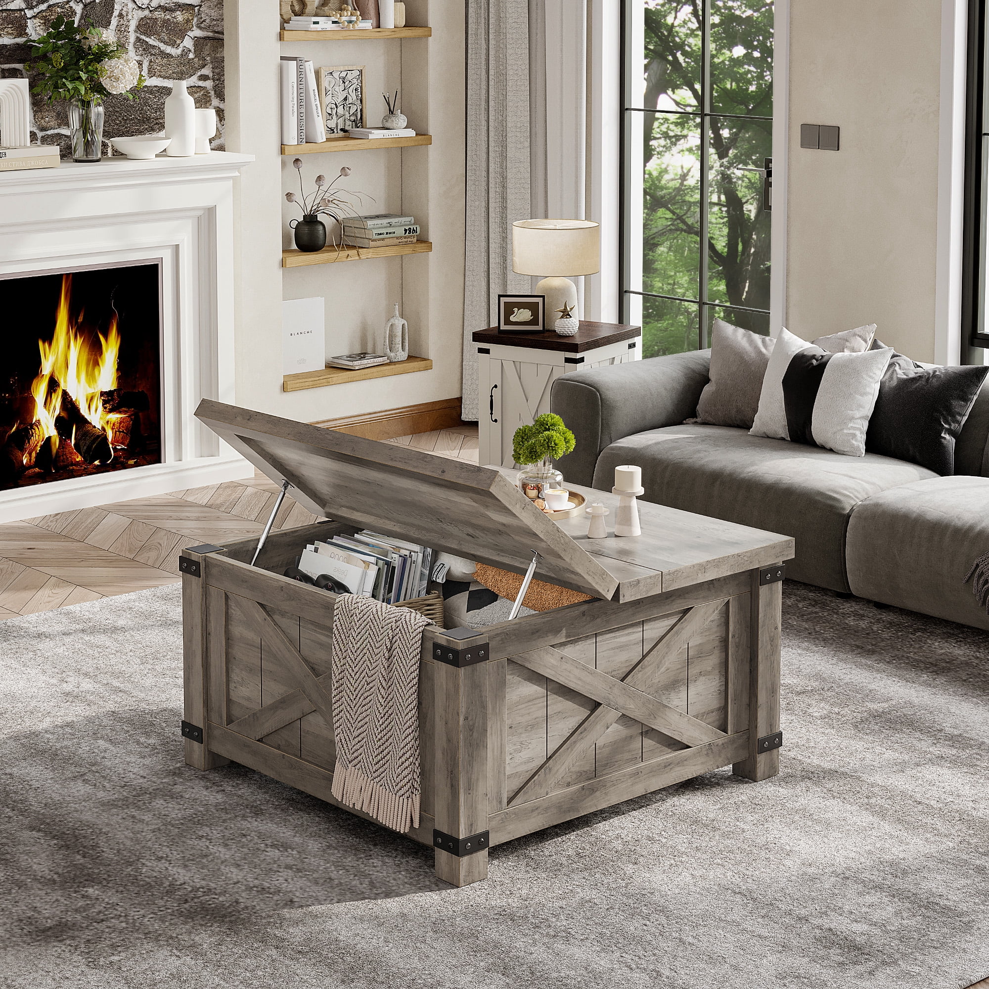 Romorgniz 35.7" W Square Lift Top Coffee Table Farmhouse Coffee Table with Large Hidden Storage Wooden Center Table for Living Room, Grey