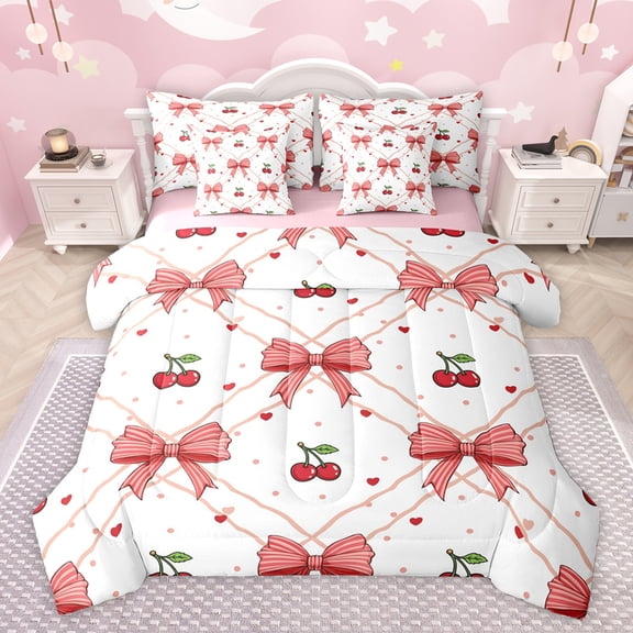 Homewish Kawaii Red Ribbon Twin Bedding Sets 7-Piece for Teen, Cartoon Cherry Fruit Bedding Comforter Set, Love Heart Reversible Sheet Sets, Ultra Soft Bedroom Decor