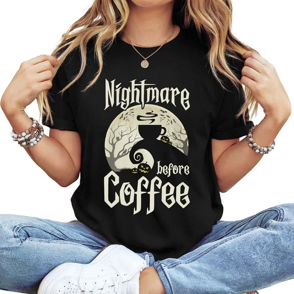 Women's Cotton Short-Sleeve T-Shirt with "Nightmare Before Coffee" Halloween Coffee Graphic