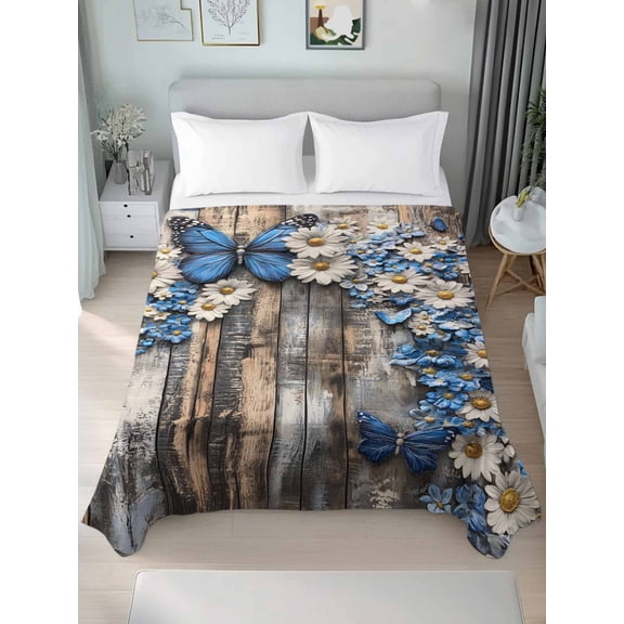 Blue White Daisy King Size Flat Sheet, Wrinkleproof & Fadeproof Cooling Flat Bed Sheet Only, Vintage Pastoral Butterfly Rustic Wood Breathable Soft Bedding Top Sheets 105 x 98 Inches