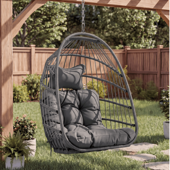 RADIATA Patio Hanging Egg Chair Without Stand, 5" Cushion 3-Second Folding Wicker Outdoor Swing Chair No Stand Tree or Ceiling Hanging for Garden, Porch, Balcony, 350 lb, Dark Gray