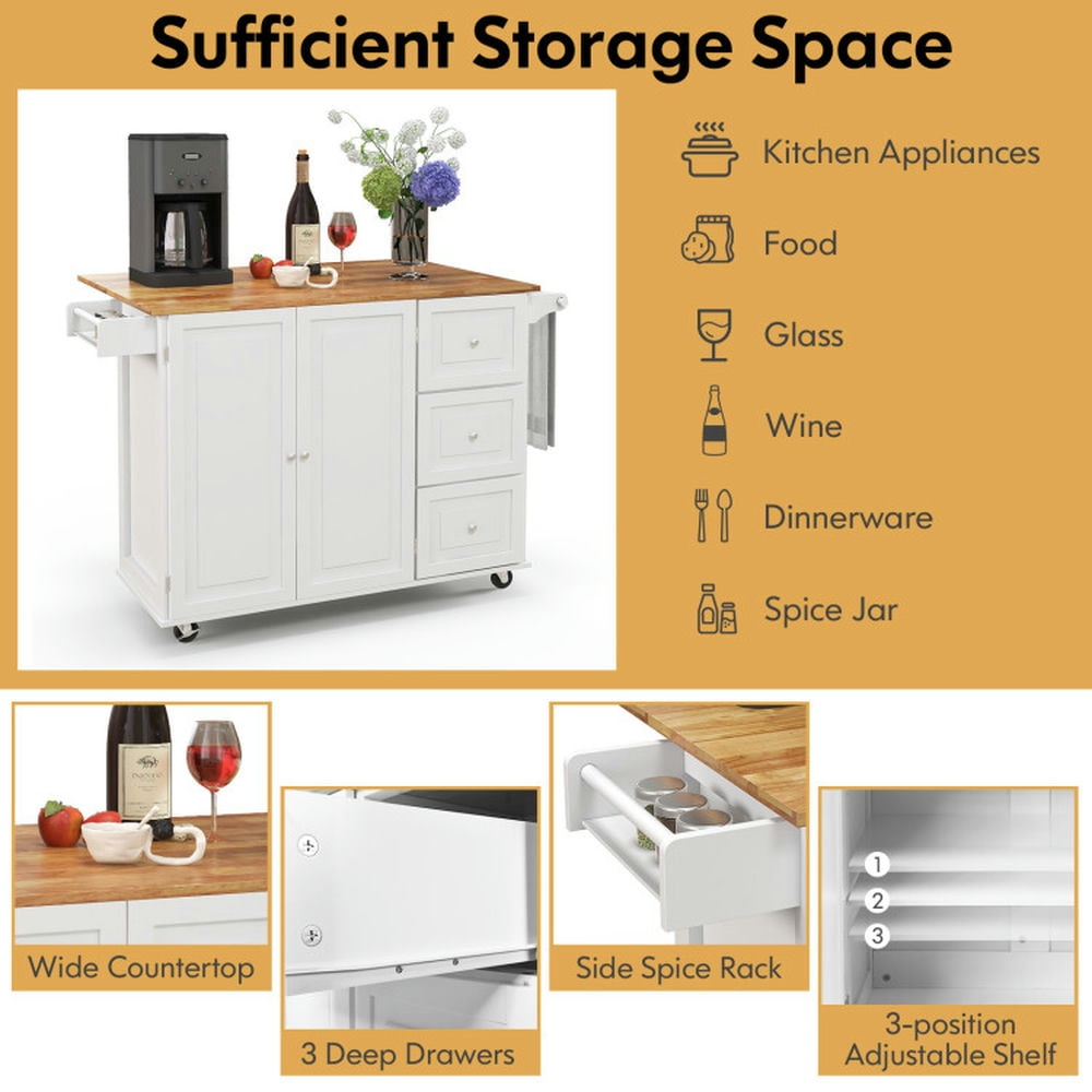 Finihen Rolling Storage Cabinet Cart, Kitchen Island Cart, Kitchen Island Trolley Cart Wood with Drop-Leaf Tabletop and Storage Cabinet, for Kitchen, Dining Room, White Finihen Rolling Storage Cabinet Cart, Kitchen Island Cart, Kitchen Island Trolley Cart Wood with Drop-Leaf Tabletop and Storage Cabinet, for Kitchen, Dining Room, White