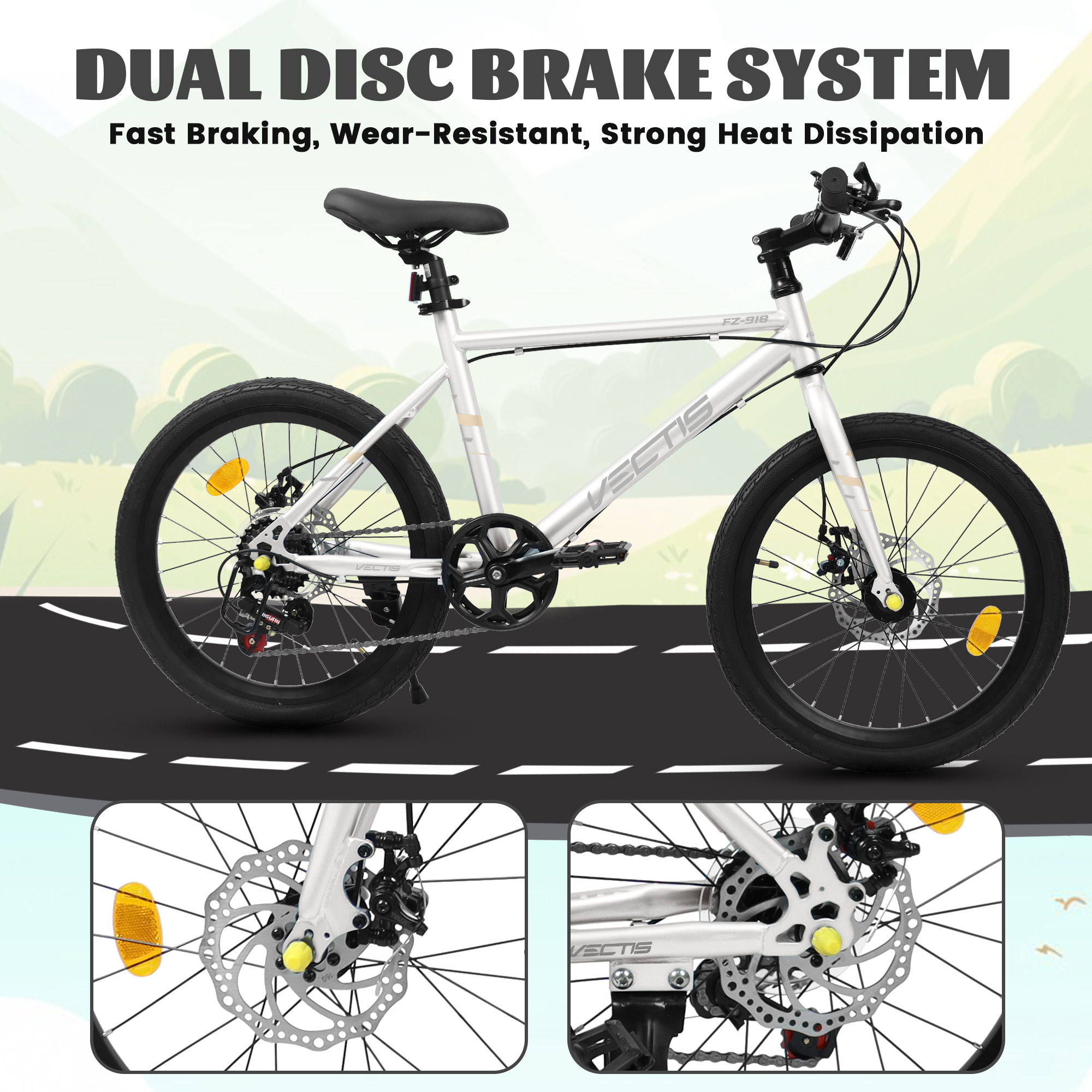 Aukfa 20" Kids Bike for Boys Girls,7-Speed Steel Frame,Dual Disc Brakes,White