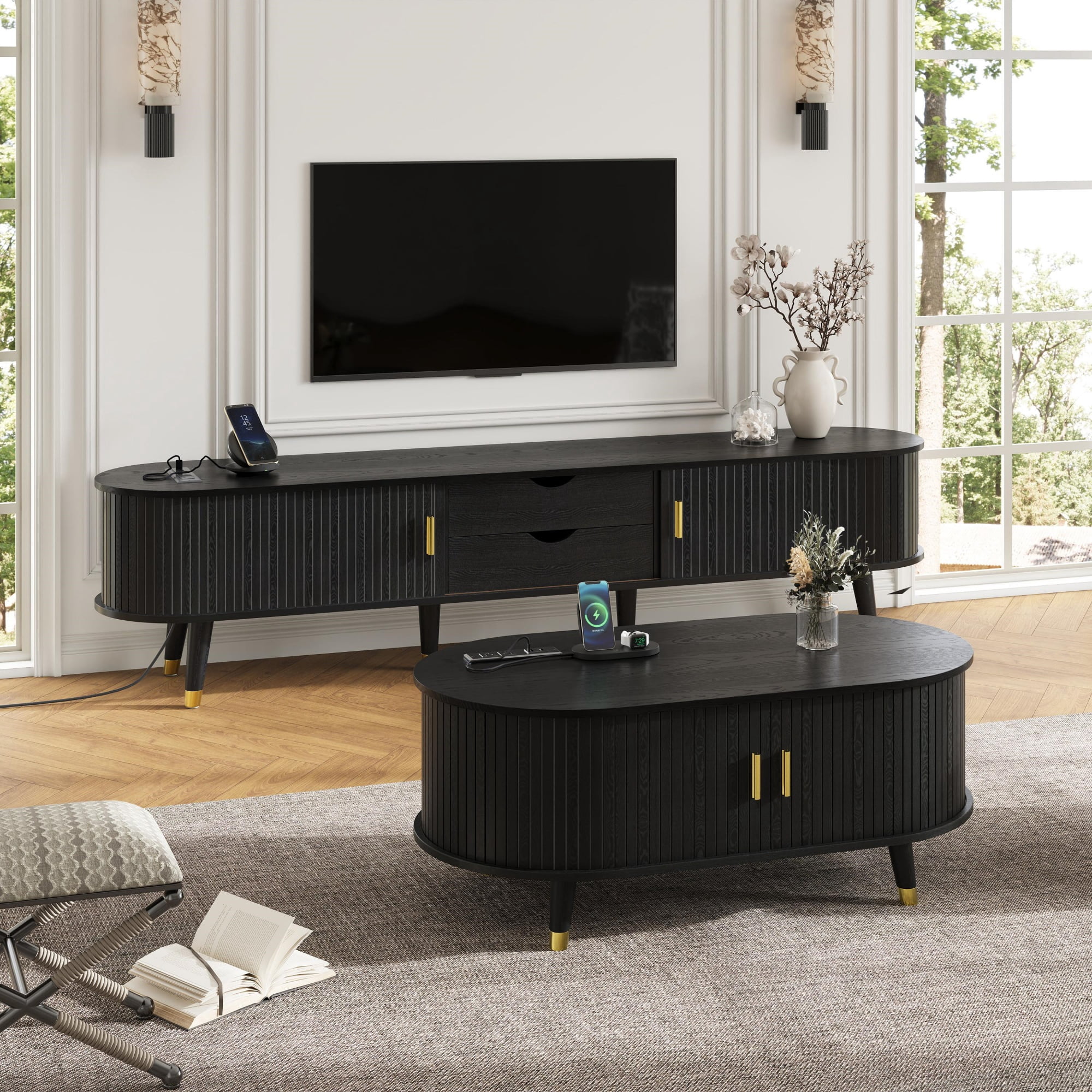 Euroco Mid-Century Modern Living Room Set with Coffee Table & TV Stand for TVs up to 80", Fluted Tambour Sliding Doors, Charging Stations with USB & AC Outlets, Solid Wood Legs，Black