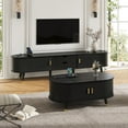 thumbnail image 3 of Harper & Bright Designs Farmhouse TV Stand Set with Coffee Table for 80 inch TV, Fluted TV Storage Cabinet with Sliding Doors, Oval Entertainment Center with Solid Wood Legs for Living Room, Black, 3 of 19