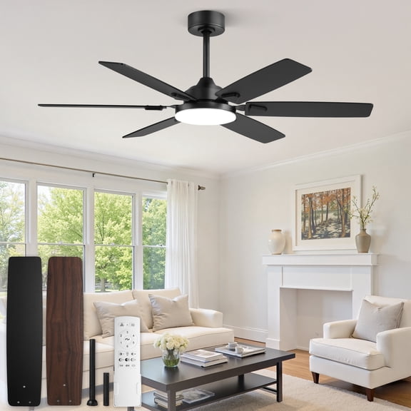 Lokivas 52in Ceiling Fans with Light and Remote Control, Modern Ceiling Fan with 6 Speeds and 6 Reversible Blades for Indoor, Living Room, Black