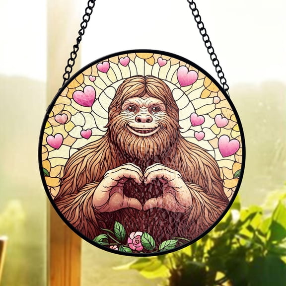 Bigfoot Heart Stained Glass Suncatcher, Funny Cryptid Window Decor, Whimsical Love Theme, Sasquatch Fan Art, Unique Gift Idea
