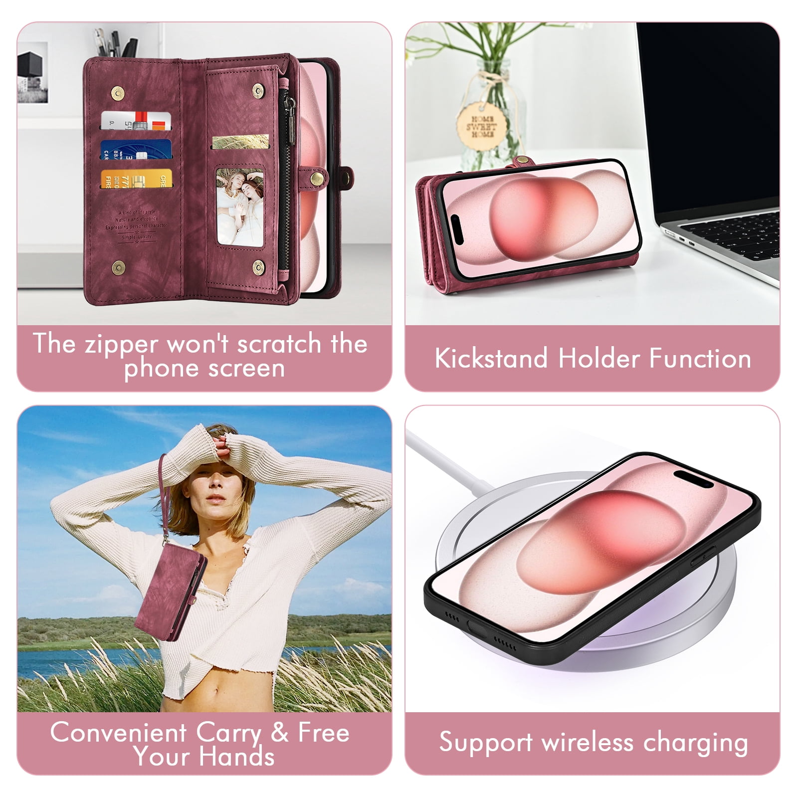 Asuwish Compatible with iPhone 15 Plus 6.7 inch Phone Case Zipper Wallet Detachable Tempered Glass Screen Protector Lanyard Strap Flip Card Holder Cell Cover for i Phone15 15+ i15 + 15Plus Women Red