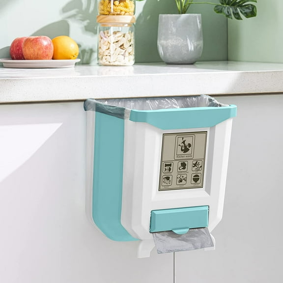 Hanging Kitchen Trash Can, Foldable Waste Bin for Kitchen, Collapsible Hang Small Plastic Garbage Can 2.4 Gallon for Cabinet/Car/Bedroom/Bathroom-Grey
