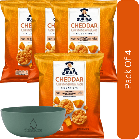 Quaker Rice Crisps – Cheddar Cheese, Gluten Free, 6.06 oz Bag-4pk, With Olive Green Bowl By ValueNest