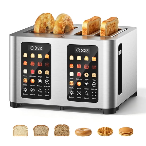 Toaster 4 Slices, Stainless Steel, Touch Screen for Dual Control, Digital Timer, Smart Toaster with 6 Bread Type, Wide Slot, Removable Crumb Tray