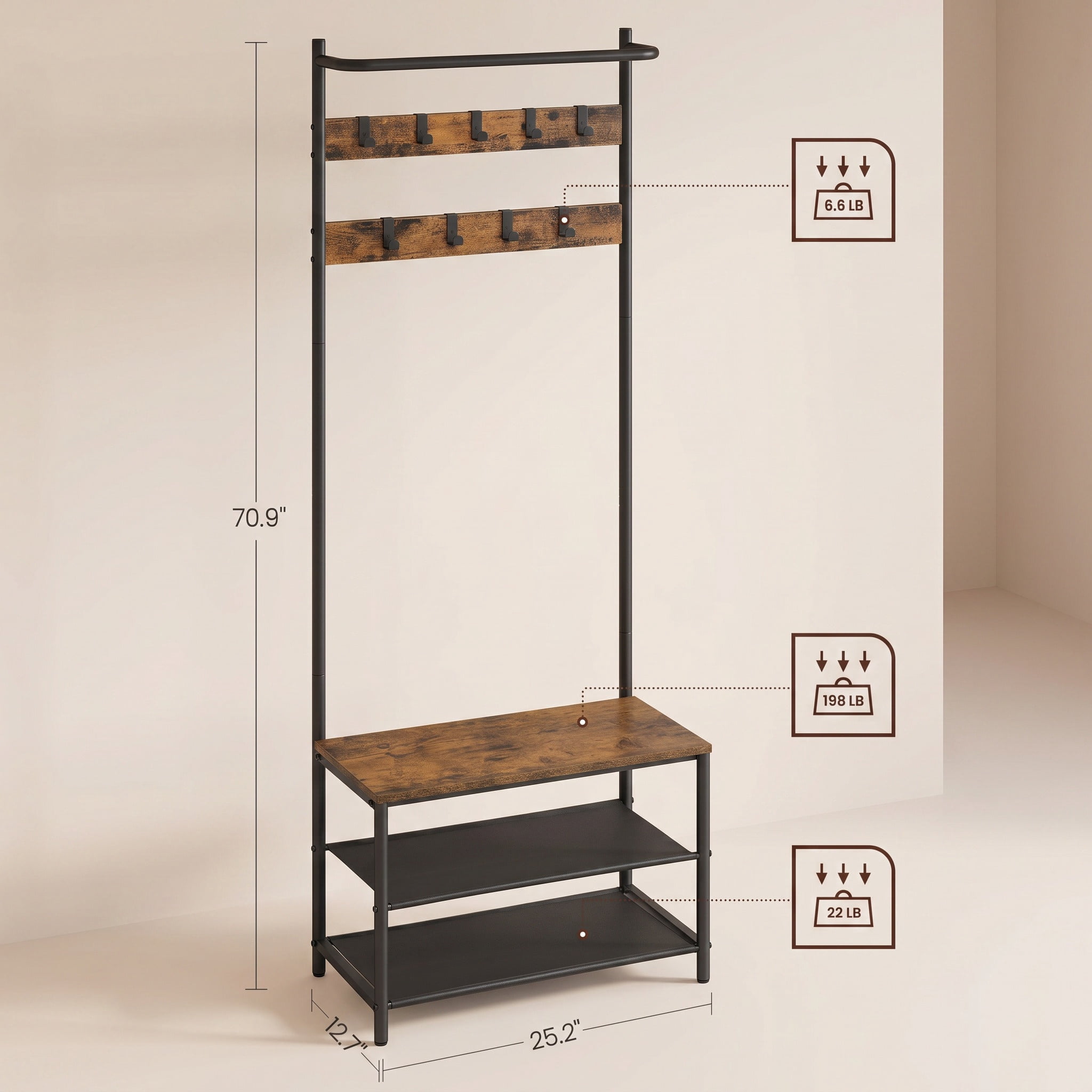 Nordic Hygge3-in-1 Industrial Hall Tree with Shoe Storage Bench, Rustic Walnut & Black
