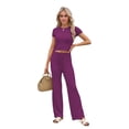 thumbnail image 2 of Womens Summer 2 Piece Outfits Color Block Short Sleeve Tops Tracksuit Slim Fit Pants Matching Set Lounge Sets 2026 Purple Red S, 2 of 8
