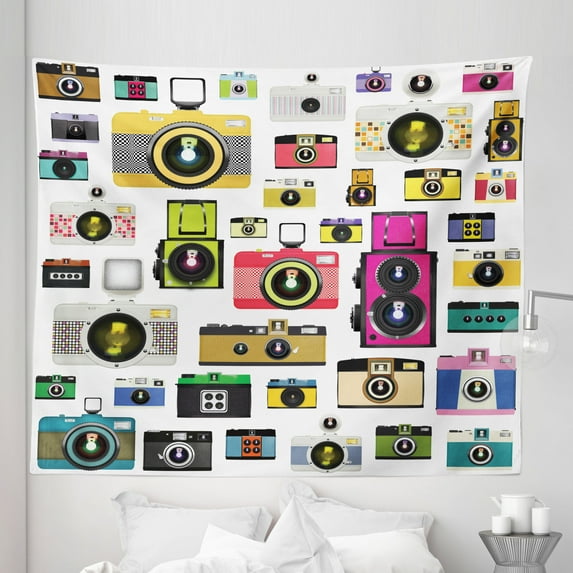 Colorful Tapestry, Vintage Old Fashioned Photo Cameras Hobby Studio Themed Graphic Design, Fabric Wall Hanging Decor for Bedroom Living Room Dorm, 5 Sizes, Multicolor, by Ambesonne