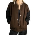 thumbnail image 1 of Jess por Meiko Chaquetas de Mujer con Bloques de Color, Chaqueta Varsity de Cuello Redondo y Botones a Presión, Manga Larga, Color Marrón, 1 of 5
