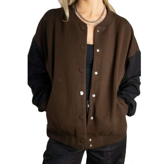 Jess By Meiko Women's Classic Color Blocked Snap Button Crew Neck Long Sleeves Varsity Jacket XS Brown