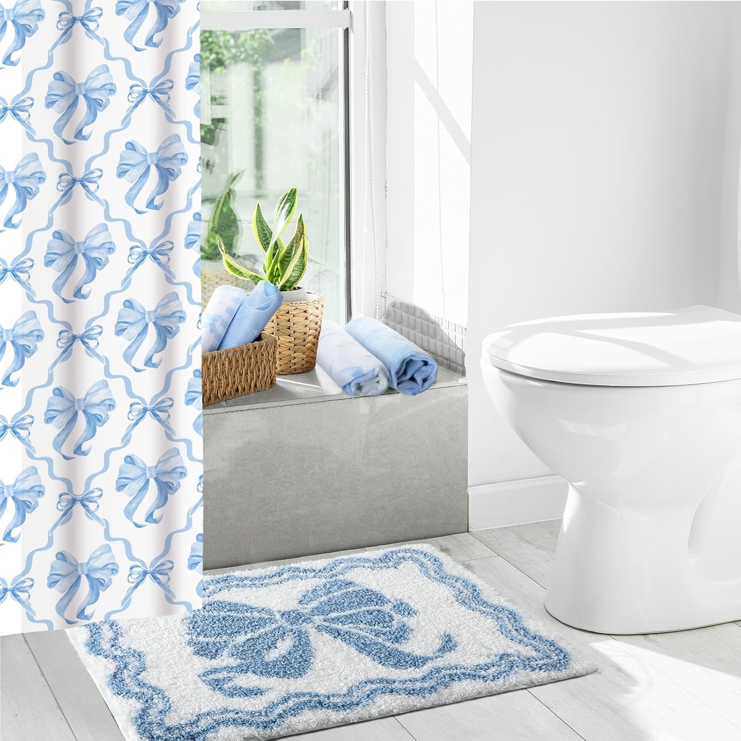 18 Pcs Blue Bow Fabric Shower Curtain Set with 12 Decorative Shower Curtain Hooks Blue Bow Knot Bathroom Towels Coquette Non Slip Absorbent Microfiber Rug for Modern Aesthetic Bathroom