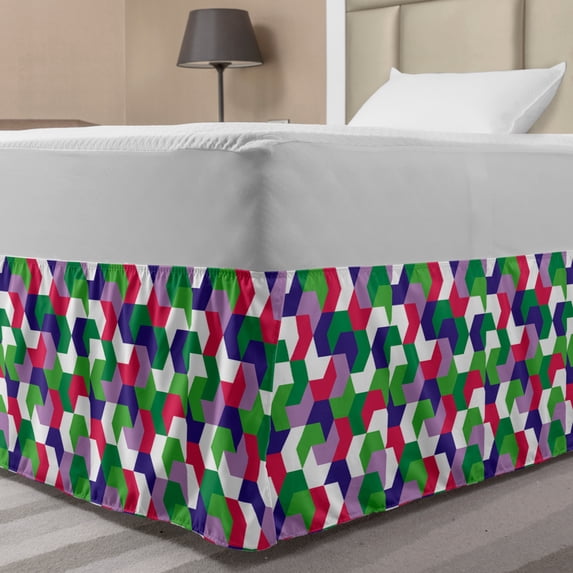 Abstract Bed Skirt, Modern Geometric Forms Interlocking Hexagonal Large Direction Pointers Theme, Elastic Bedskirt Dust Ruffle Wrap Around for Bedding Decor, 4 Sizes, Multicolor, by Ambesonne