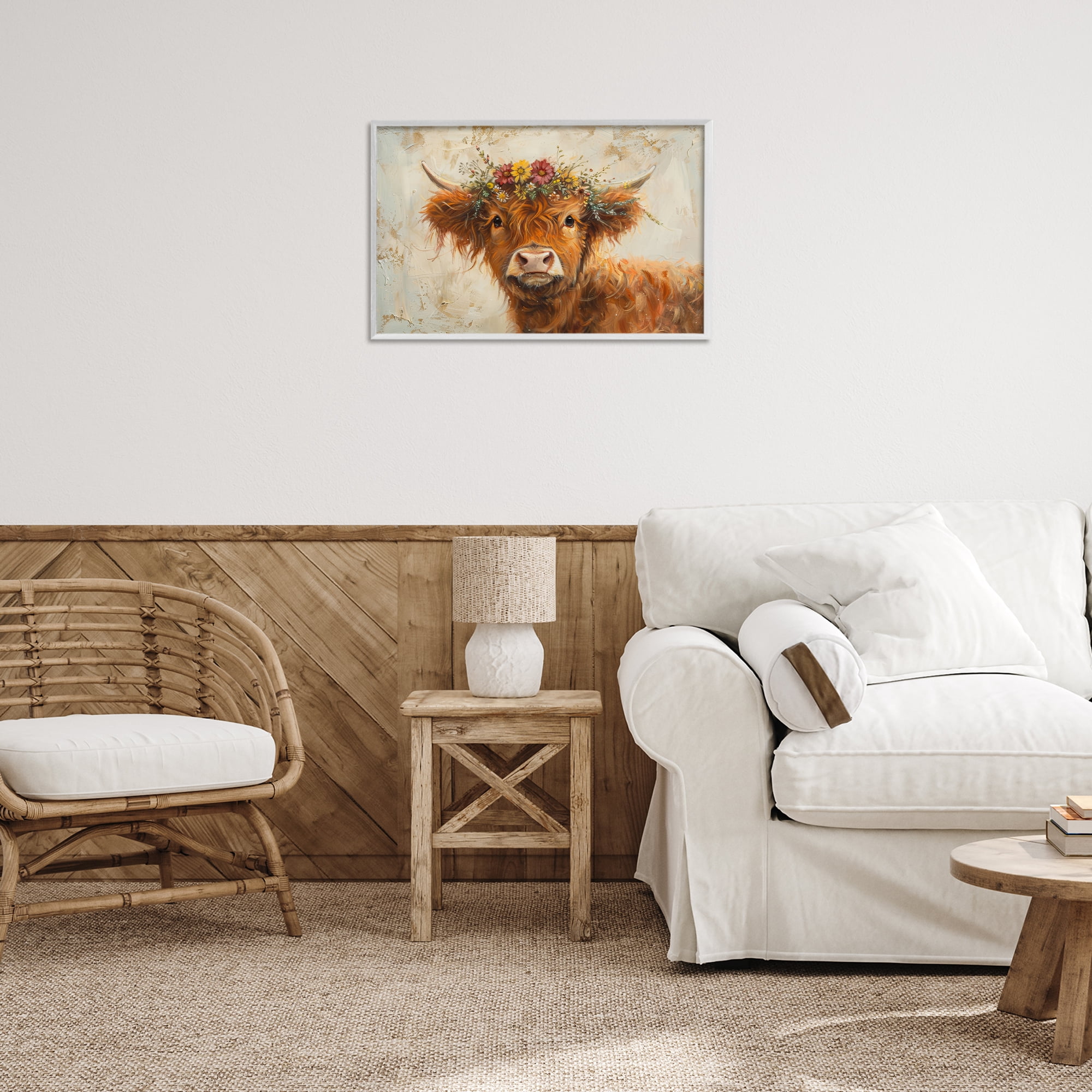 Stupell Industries Floral Crown Highland Animals & Insects Painting White Framed Art Print Wall Art, 24 x 16