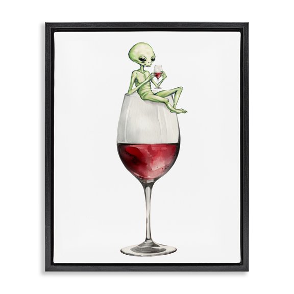 Stupell Industries Alien Perched on Wine Glass Food & Beverage Painting Black Floater Framed Canvas Art Print Wall Art, 17 x 21