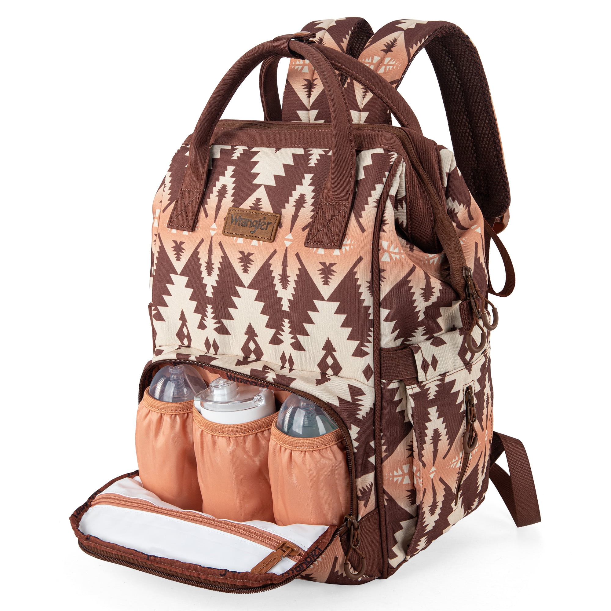 Wrangler Aztec Travel Backpack Baby Bag for Women with Stroller Strap and Side Bottle Pockets Organized Diaper Bag, Brown