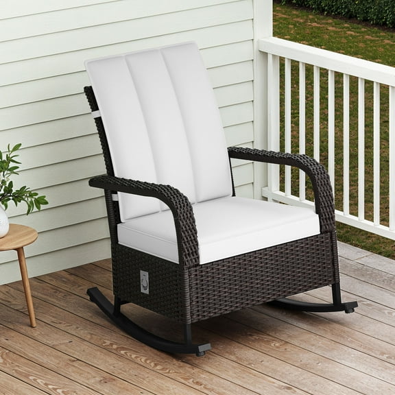 Dextrus Outdoor Iron   PE Woven Rattan Rocking Chair with Footrest, Reclining, Brown Gradient Rattan & Beige Cushion