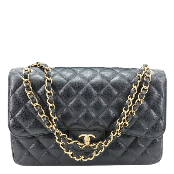 Pre-Owned Chanel Classic Double Flap Jumbo Quilted Caviar Leather Shoulder Bag Black